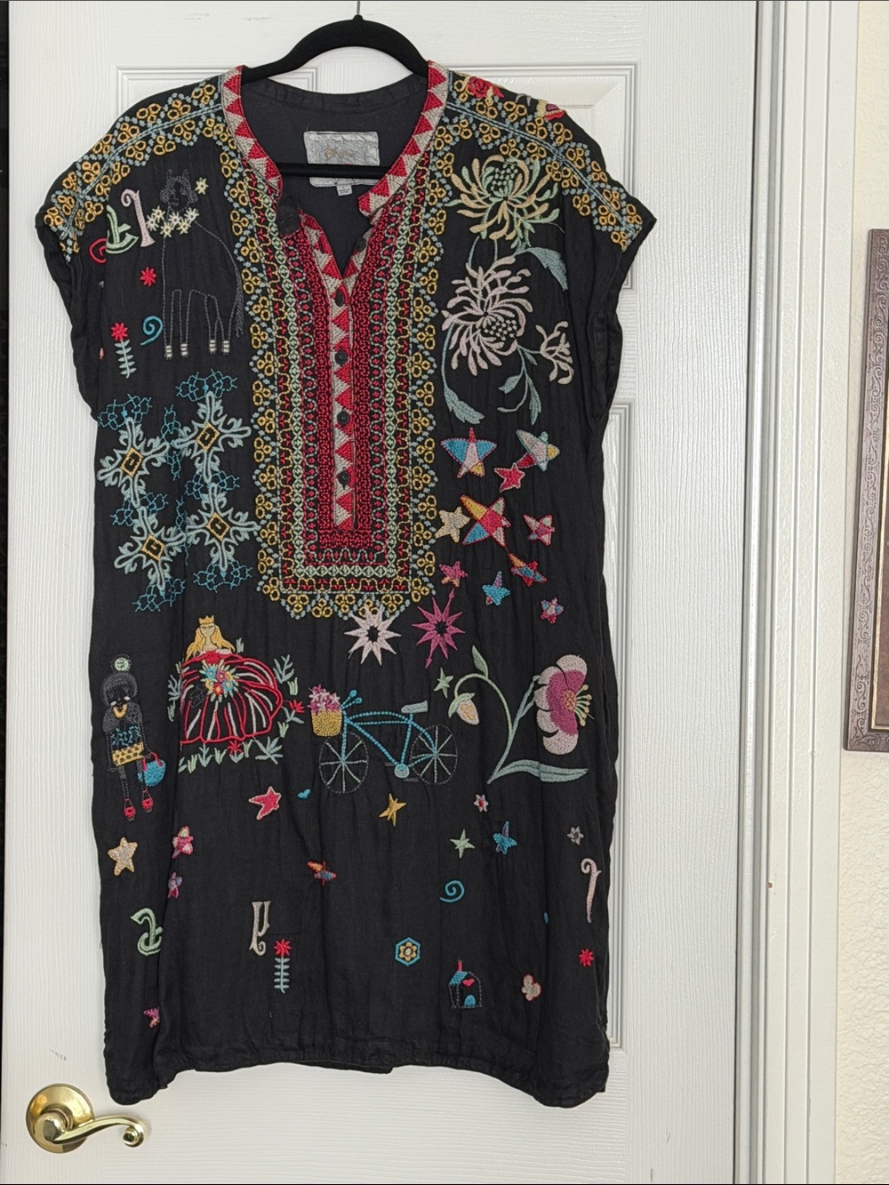 Johnny Was Biya Embroidered Black Boho Tunic Dress with Multicolor Motifs